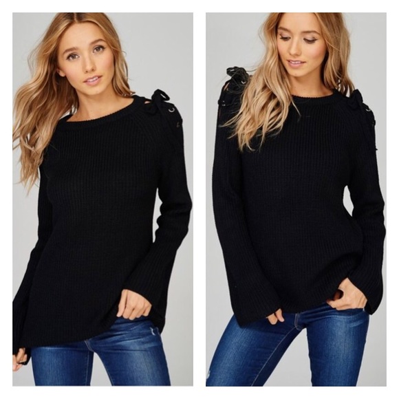 SwankStyles Sweaters - Black Cold Shoulder lace up sweater